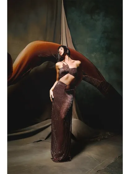 A modern, sequined two-piece look from the Ambika Lal campaign. The styling is enhanced by a dramatic, flowing fabric element in the background, adding a touch of the surreal to the shot.