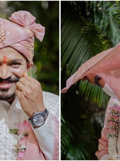The groom playfully adjusting his mustache, a portrait full of character.