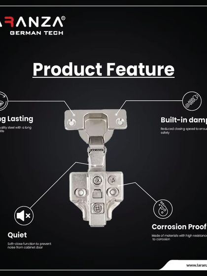 A breakdown of my hinge features: long-lasting steel, a built-in damper for safety, quiet soft-close function, and corrosion-proof materials for longevity.