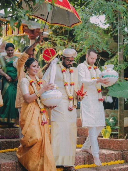 The groom's procession during the Kashi Yatra, a unique and fun part of many South Indian weddings that I love to photograph.
