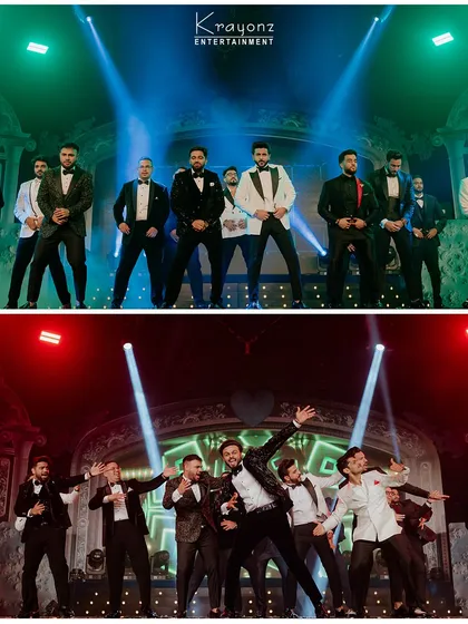 The groomsmen take over the stage with a synchronized dance performance. We coordinate these fun-filled moments that add so much energy and entertainment to the Sangeet night.