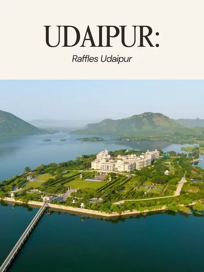 An aerial view of Raffles Udaipur, a magnificent island property that offers a private and ultra-luxurious setting for a destination wedding.