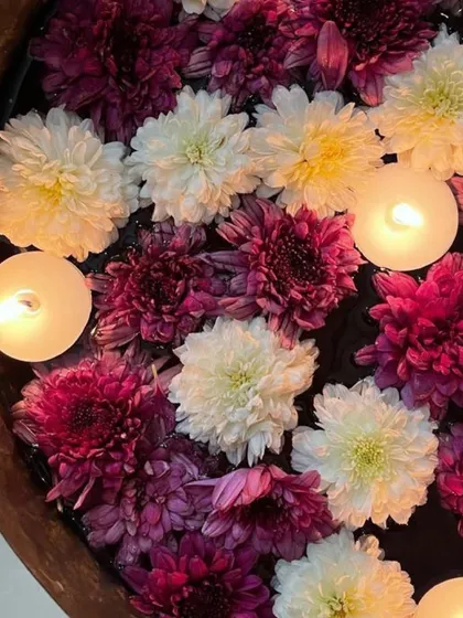 A simple yet beautiful festive detail. A traditional urli bowl filled with water, floating flowers, and candles adds a serene and welcoming touch to any Indian celebration like Diwali.