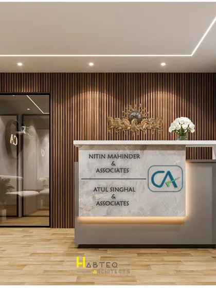 This 3D render shows the reception area I designed for a Chartered Accountant's office in New Delhi. The design combines warm wood fluting with a modern, branded desk to create a professional and welcoming first impression for clients.
