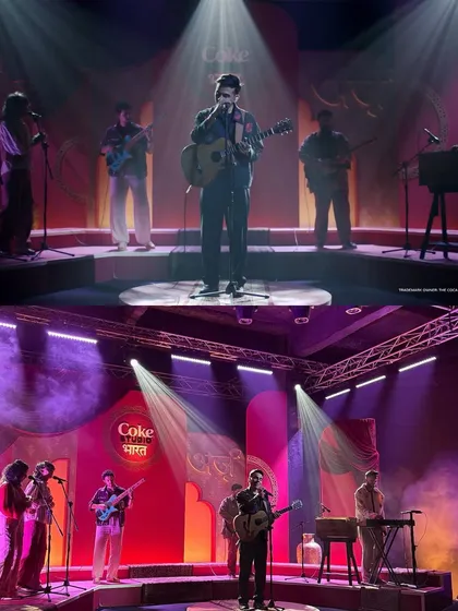 The transformation for Coke Studio Bharat Season 3, featuring Anuv Jain. The bottom image shows our on-set lighting rig, while the top shows the warm, intimate atmosphere we created for the final performance using carefully placed spotlights and haze.