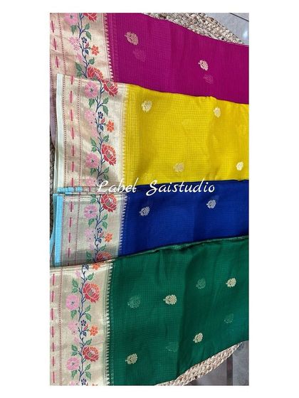 These are my exclusive pure Kota Zari silk sarees with beautiful Paithani borders. They are very soft, easy to drape, and come with a tissue pallu and a rich-looking designer blouse.