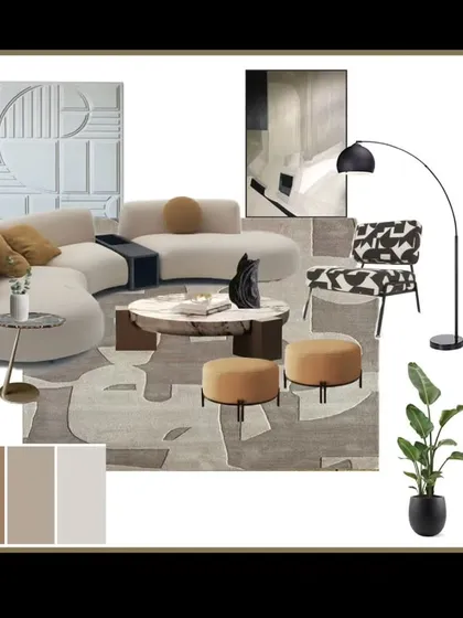 A mood board we created for a living room concept. This helps our clients visualize the color palette, furniture style, textures, and overall vibe of the space before we begin.