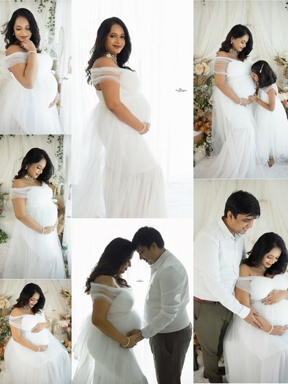 A collage of angelic portraits from an all-white themed maternity session. It features a variety of solo, couple, and family poses in our dreamy boho setup.