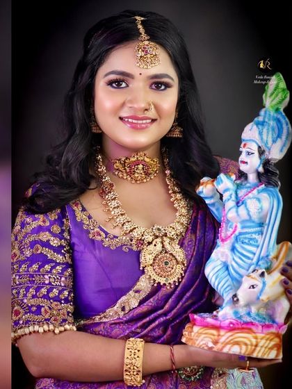A series of photos featuring a model in a purple saree, wearing our antique temple jewellery. The theme is inspired by Lord Krishna, showing how our jewellery can be used for festive and devotional looks.