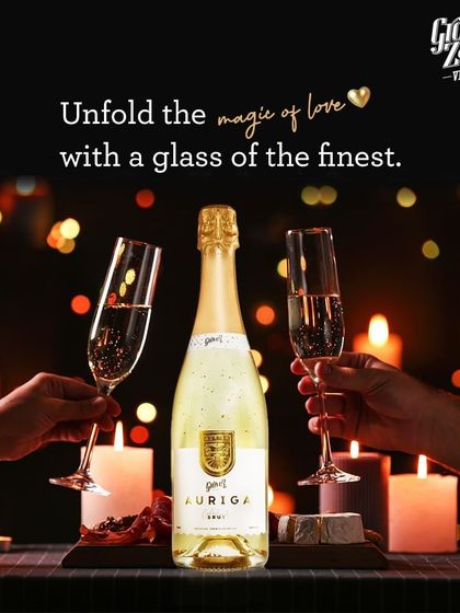 Unfold the magic of love with a glass of the finest. Our gold-flaked Auriga sparkling wine brings extra magic to any special date night.
