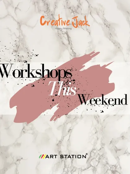A graphic advertising my weekend workshops for canvas painting, pottery, and crochet, inviting you to make your weekend wonderfully artistic.