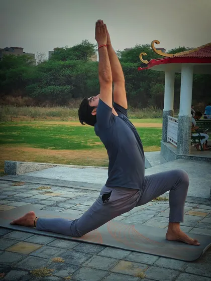 This is Anjaneya Asana, or Low Lunge Pose. It's a fantastic stretch for improving flexibility in the hips, hamstrings, and quads, and can provide relief from sciatica.