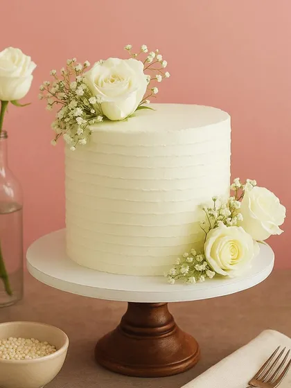 Minimalist design, maximum love. This simple and elegant single-tier cake with fresh white roses is perfect for an intimate engagement celebration or anniversary.