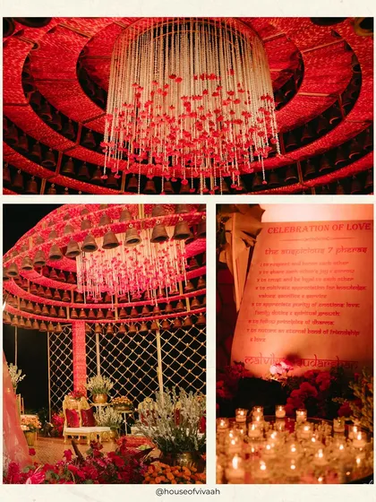 Details of the bell mandap, showing the intricate arrangement of bells, the cascading floral chandelier, and the personalized scroll, highlighting the layers of symbolic design.