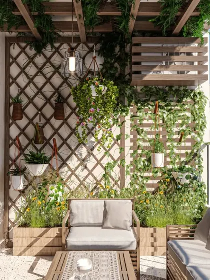 This design uses a combination of wooden trellises, planters, and a pergola-style roof to create a rustic, garden-like atmosphere. The layered greenery and wooden seating with plush cushions make this balcony feel like a private outdoor room.