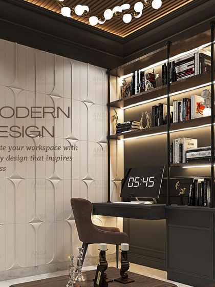 This modern workspace design is all about inspiring success. The room features a 3D textured wall, an integrated desk, and dramatic backlighting on the bookshelves, creating a sophisticated and motivating home office.