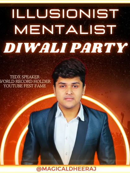 This is a promotional poster for my Diwali party bookings. I offer specialized entertainment packages for corporate and private events during festive seasons, combining illusion and mentalism to make your celebration unique.