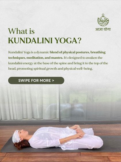 A duplicate image explaining what Kundalini Yoga is, featuring a student in a restorative pose. This practice promotes spiritual growth and physical well-being.
