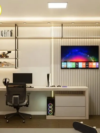 The room includes a spacious study and gaming desk with industrial-style open shelving.