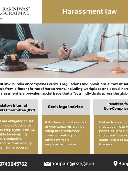 Harassment law in India includes regulations to safeguard individuals from various forms of abuse. Employers with ten or more employees must have an Internal Complaints Committee (ICC) and face penalties for non-compliance.