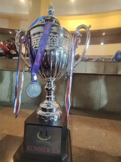 A close-up of the impressive runner-up trophy from the All India Inter-University Squash tournament.