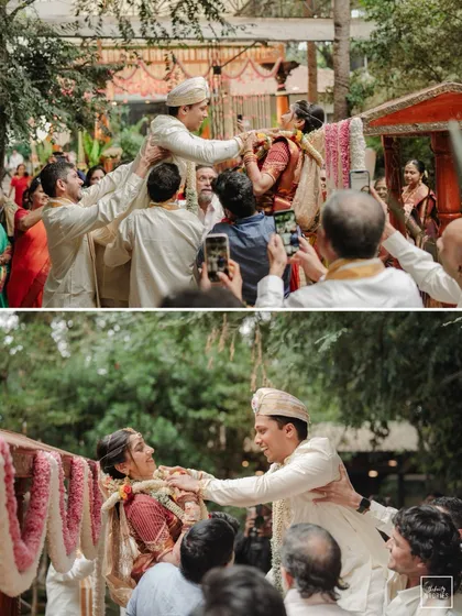 The fun and playful garland exchange ceremony, a key ritual in many South Indian weddings. We capture the energy and laughter as family members lift the couple, turning a tradition into a moment of pure joy.