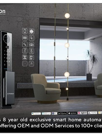 At the expo, I launched an exciting new range of smart door locks and Zigbee magnetic track lights. This image shows one of my premium locks displayed in a luxury setting.