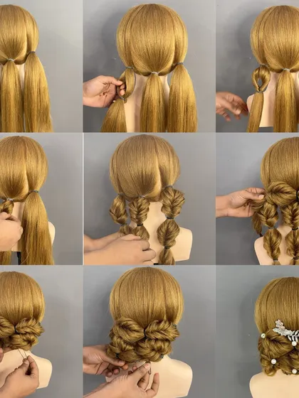 A step-by-step image tutorial for a beautiful low bun made from multiple braids.