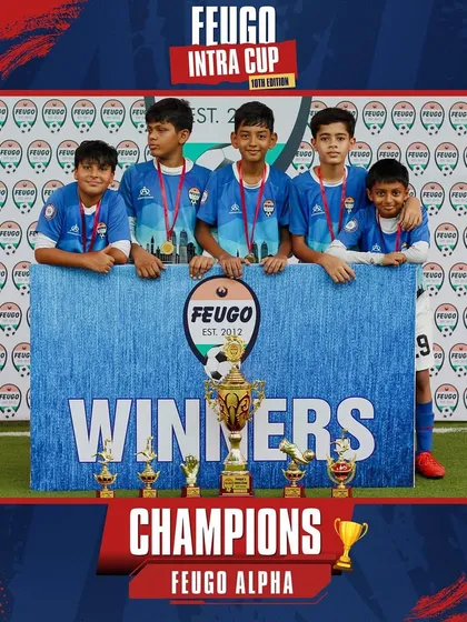 'Feugo Alpha', the victorious U-13 Champions of the Feugo Intra Cup, celebrating their win.