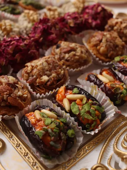 An assortment of gourmet dates and nut-based sweets. This image showcases a luxurious and healthy alternative to traditional mithai, perfect for a premium brand.