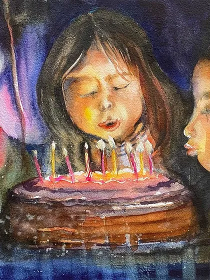 Birthdays are always special, and I loved painting this moment of pure joy as children blow out their birthday candles. This watercolor captures the magic and excitement of celebration.