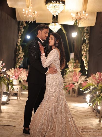A romantic couple portrait from the reception. The bride's makeup is glamorous and glowing, perfect for her fairytale evening.