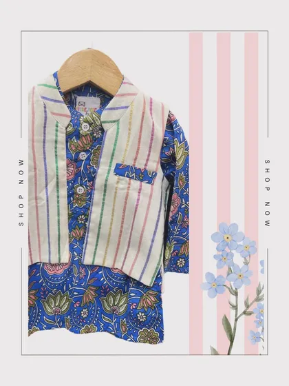 A detailed shot of the boys' twinning set, featuring a blue floral kurta and a multi-color striped bandi jacket, made from 100% soft cotton.