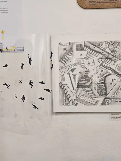 Shreya Badera's work, 'Is it place or people?', inspired by M.C. Escher. I challenged her to explore the labyrinthine staircases of 1 Shanthi Road, and she developed this idea of using a transparent overlay to show the space with and without its inhabitants.