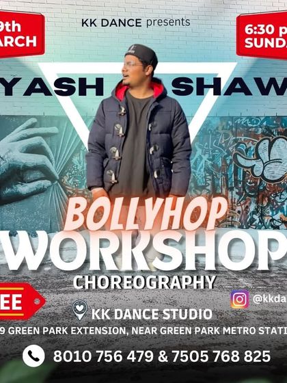 An announcement for a free BollyHop workshop with guest artist Yash Shaw. We often host free or special events to welcome new dancers into our community.