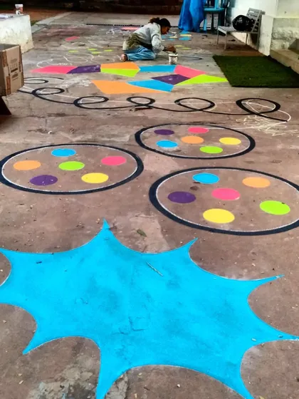 I turn plain floors into vibrant, 45-foot playgrounds. This interactive floor mural for Papagoya Micro School in Bangalore isn't just art; it's a stamina-building battle course designed to get kids moving, laughing, and learning through play.