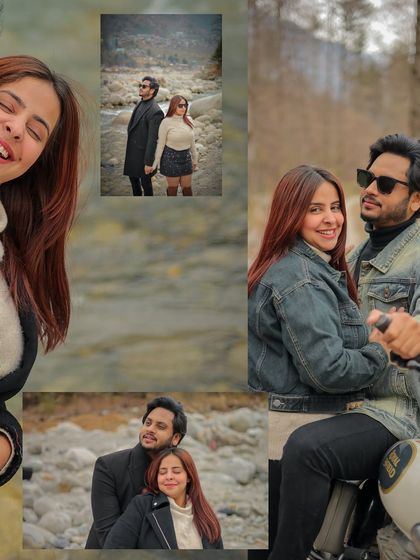 A fun and happy collage from a post-wedding shoot, featuring a bike and lots of smiles.