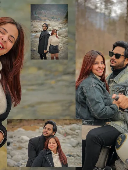 A fun and happy collage from a post-wedding shoot, featuring a bike and lots of smiles.