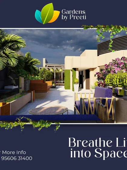 A render of a modern terrace with purple seating and lush planters against a city skyline. This design shows how we bring vibrant color and life to urban rooftops.