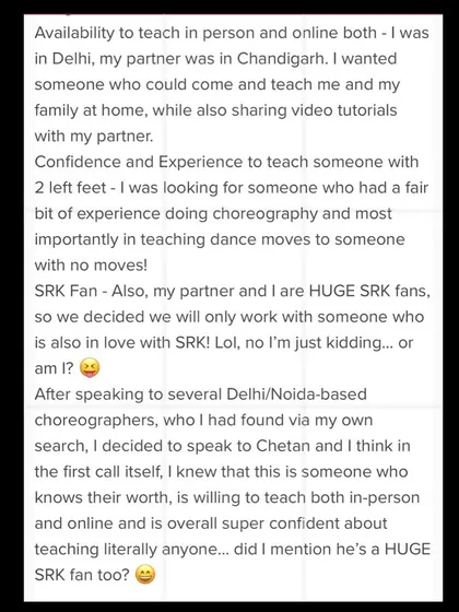 This review highlights our flexibility with both in-person and online teaching, and our ability to teach literally anyone. And yes, I am a huge SRK fan.
