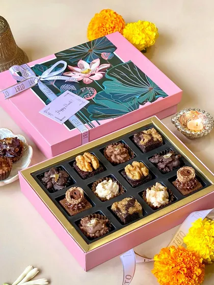 Another look at my beautiful Diwali brownie gift box. The floral-designed sleeve adds a touch of elegance.