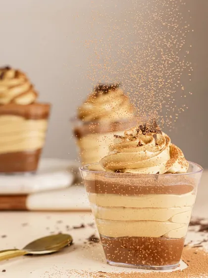 Some pairings are meant to be, like chocolate and coffee. My Dark Chocolate & Coffee Mousse Cups feature layers of velvety 54% Belgian dark chocolate mousse and airy coffee mousse, dusted with cocoa powder.