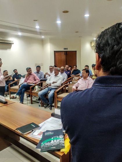 An over-the-shoulder view of my co-founder, Amlan Panda, addressing members of the Gurgaon Industrial Association. These seminars are an opportunity to answer questions directly and build trust with factory owners and operators.