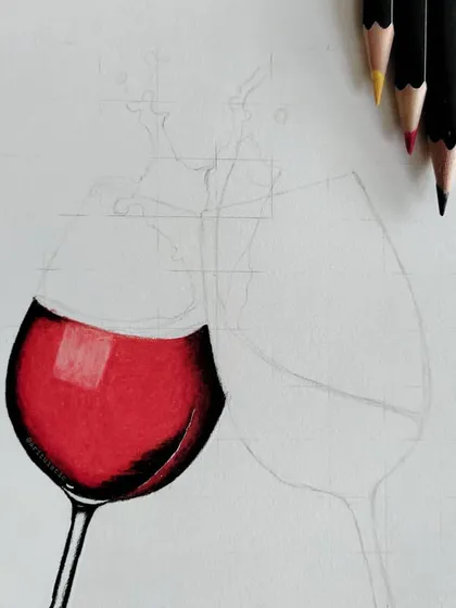 The first WIP of the wine glass drawing, with the red wine colored in.