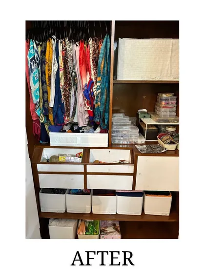 After: The "Her" side transformed. We used bins, shelf dividers, and smart folding to create a system where everything is visible and accessible.