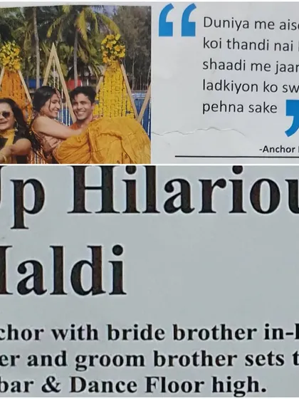 A newspaper clipping featuring a quote from me about winter weddings, from the 'Up Hilarious Haldi' event.