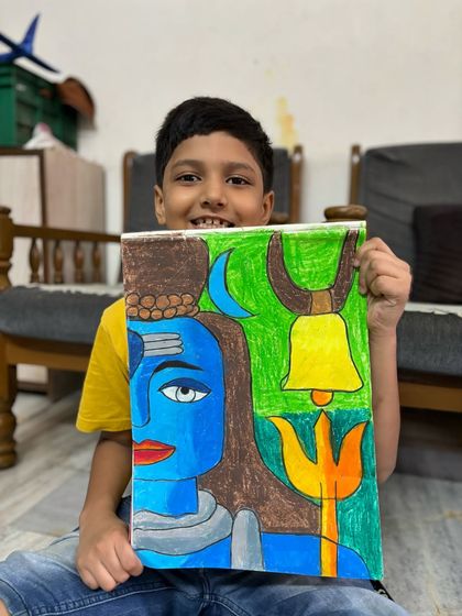 A 4th-grade student's colourful drawing of Lord Shiva. We explore various deities and their symbolism in our festival-themed art sessions.