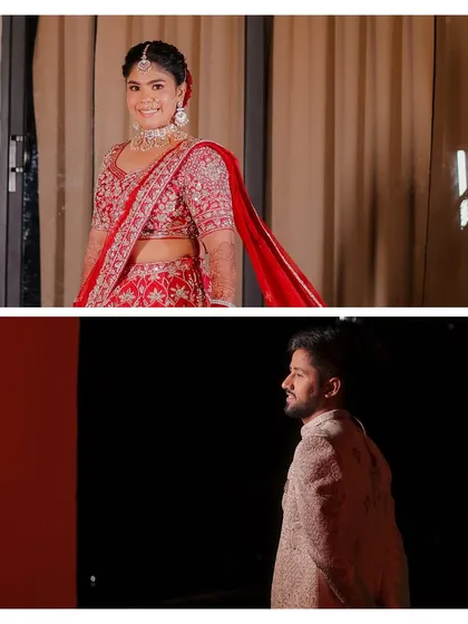 This collage tells a story of anticipation. It shows the bride, fully ready, and the groom, looking towards her, capturing the moment just before their first look.