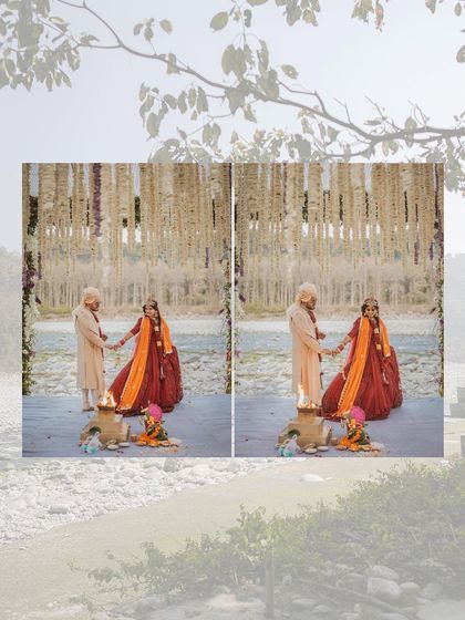 A beautifully framed shot of the couple taking their pheras by the river, capturing the serenity and significance of the moment.