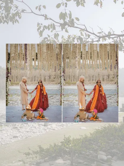 A creative edit of the couple taking their pheras by the river, framed by natural elements.